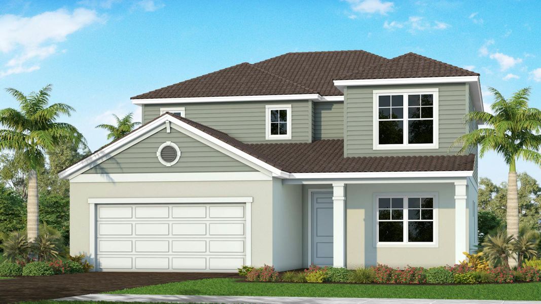 Front exterior of a new home in Windward Real Estate and Homes for Sale in Sarasota, FL - Neal Communities, Sarasota, FL, highlighting curb appeal (Image 4).