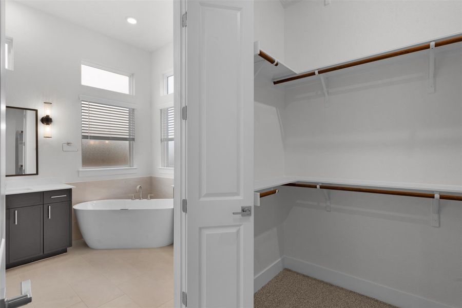 Bathroom featuring a walk in closet, a soaking tub, and vanity