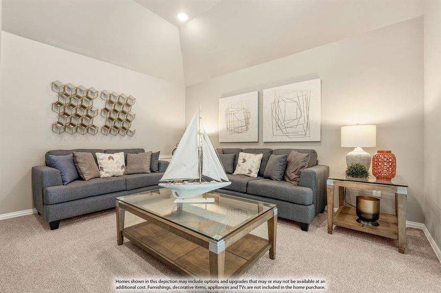 Living area with light colored carpet