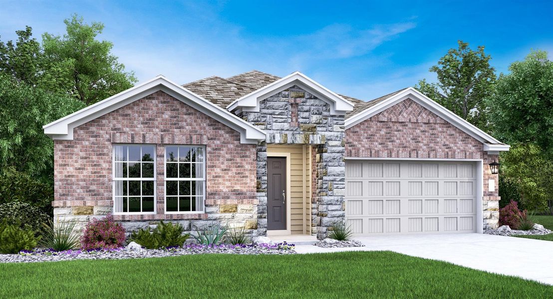Front exterior of a new home in Meadowlark Preserve: Highlands Collection, Pflugerville, TX, highlighting curb appeal (Image 15).