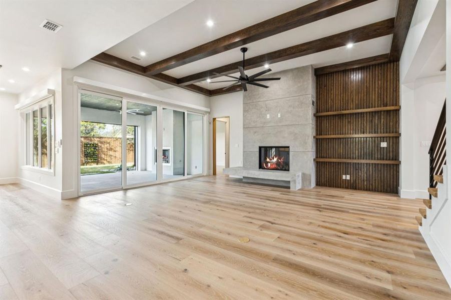 Custom trim package with white oak casings, beams, window casing, stairway and more! Custom trim package with white oak casings, beams, window casing, stairway and more!