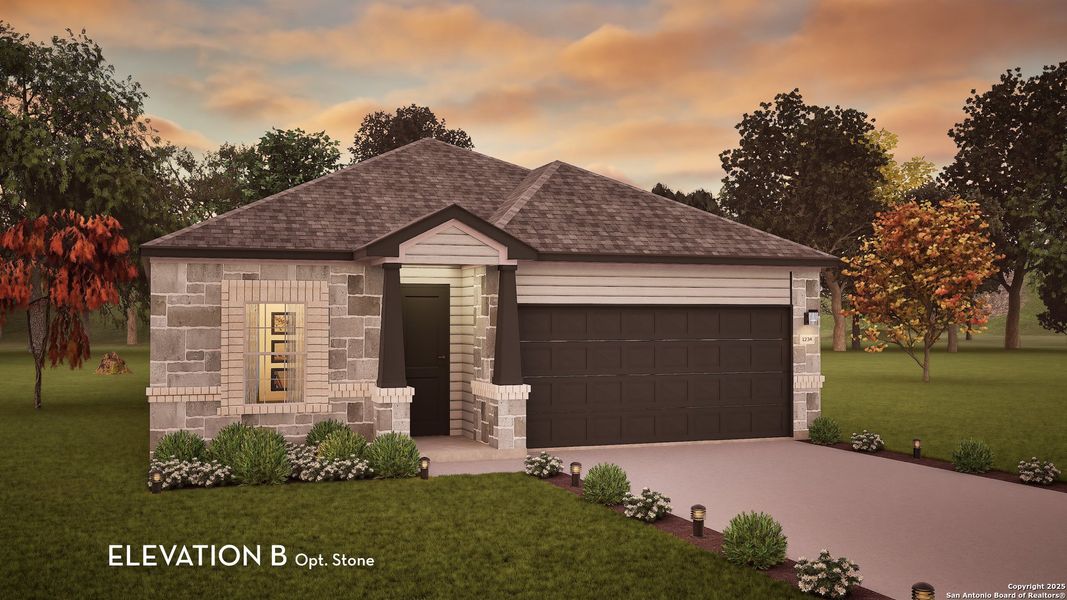 Front exterior of a new home in Cloud Country, New Braunfels, TX, highlighting curb appeal (Image 1).