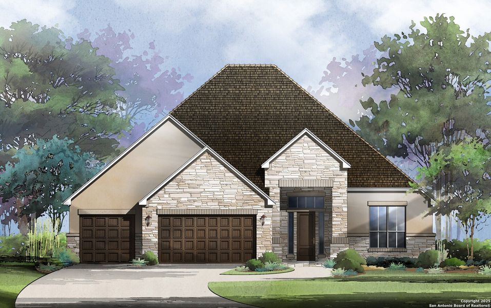 Front exterior of a new home in Esperanza - 80' & 90', Boerne, TX, highlighting curb appeal (Image 1). Front exterior of a new home in Esperanza - 80' & 90', Boerne, TX, highlighting curb appeal (Image 1).