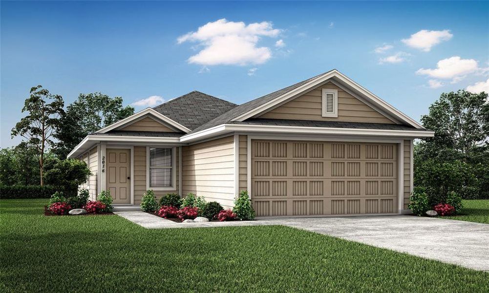 View of front of property featuring a front lawn and a garage