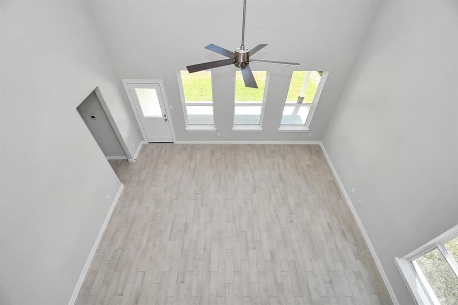 View of family room from landing above.