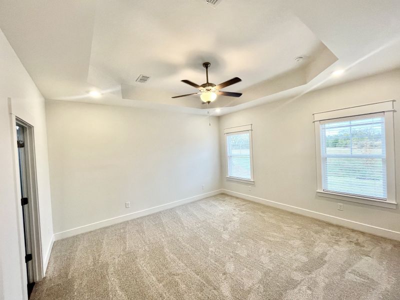 Primary with LED lights, fan, tray ceiling and window trim