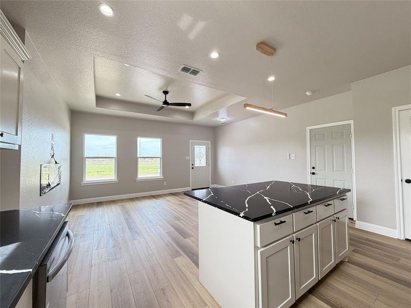 Kitchen featuring a kitchen island, light wood-style flooring, a tray ceiling, a textured ceiling, and a ceiling fan