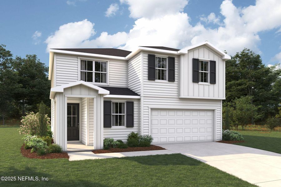 Front exterior of a new home in Lakes at Bella Lago, Green Cove Springs, FL, highlighting curb appeal (Image 2).