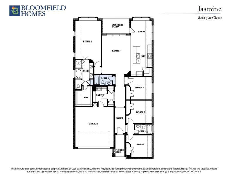 Bloomfield Homes Jasmine floor plan with four bedrooms, three bathrooms, family room, kitchen, and two-car garage. Bloomfield Homes Jasmine floor plan with four bedrooms, three bathrooms, family room, kitchen, and two-car garage.