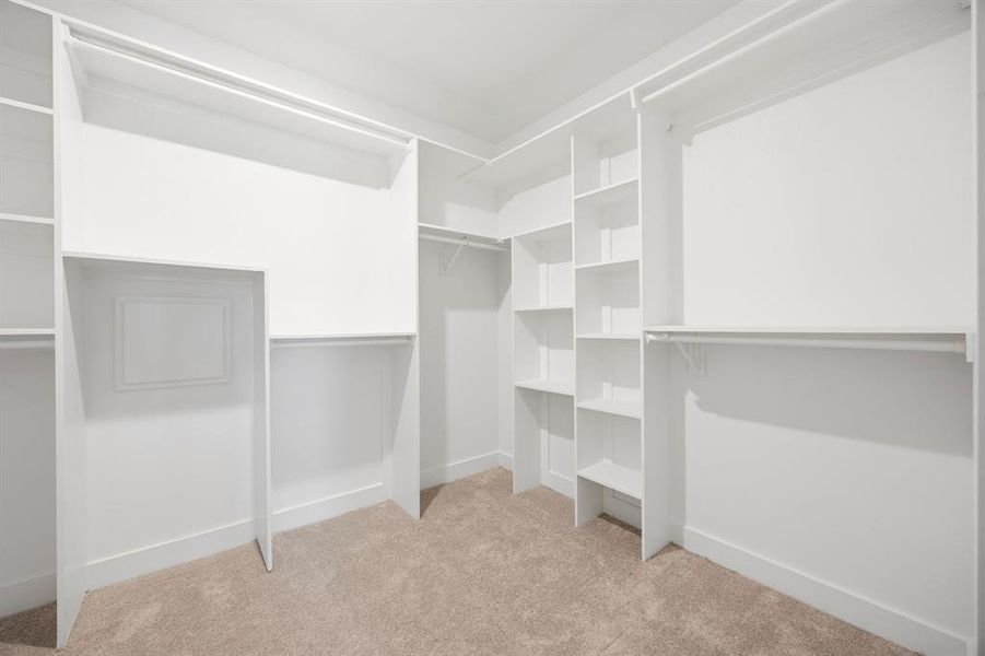Spacious walk-in closet featuring white built-in shelving, multiple hanging rods, and light-colored carpet flooring Spacious walk-in closet featuring white built-in shelving, multiple hanging rods, and light-colored carpet flooring