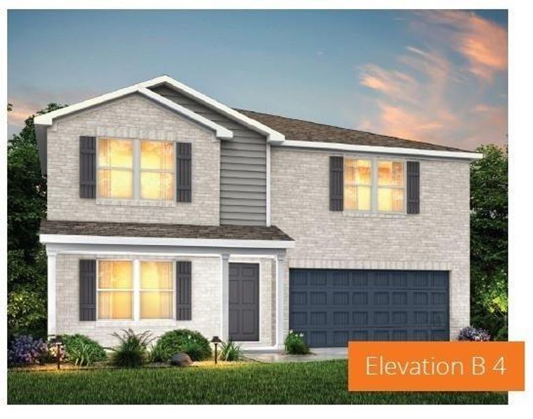 View of front of house featuring an attached garage, brick siding, driveway, and a front yard