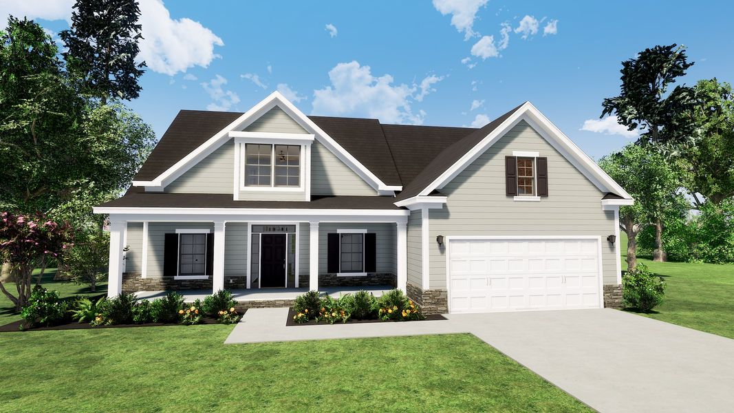 Representative exterior photo of a completed home built from the Evans by Designer Homes of Georgia in Austin Heights, North Augusta, SC (Image 1).