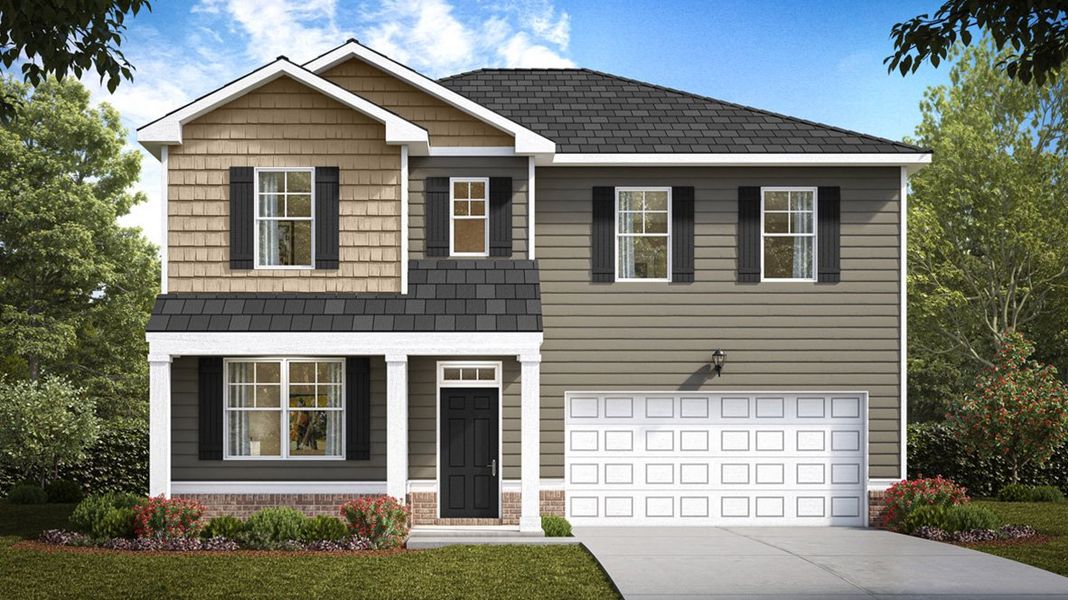 Representative exterior photo of a completed home built from the Dennis by D.R. Horton in Glenmaye, Hampton, GA (Image 1).