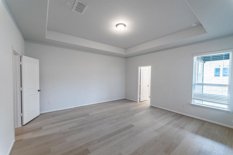 Empty room with light wood-style flooring and a raised ceiling