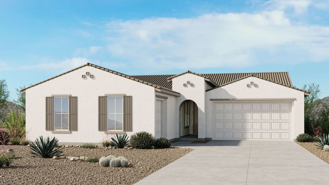 Front exterior of a new home in Ladera Trails, Queen Creek, AZ, highlighting curb appeal (Image 1). Front exterior of a new home in Ladera Trails, Queen Creek, AZ, highlighting curb appeal (Image 1).