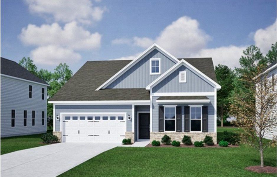 Front exterior of a new home in Ovation at Sweetbrier, Durham, NC, highlighting curb appeal (Image 1). Front exterior of a new home in Ovation at Sweetbrier, Durham, NC, highlighting curb appeal (Image 1).