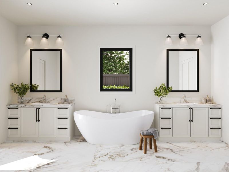 Picture yourself unwinding in a luxurious spa-like retreat featuring marble finishes, dual vanities with inlay cabinets, elegant designer lighting, an oversized walk-in shower and a freestanding soaking tub that creates a true resort-style experience.
