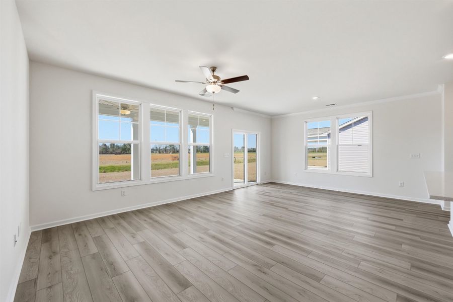 Spare room featuring light wood-style floors, ceiling fan, healthy amount of natural light, ornamental molding, and recessed lighting