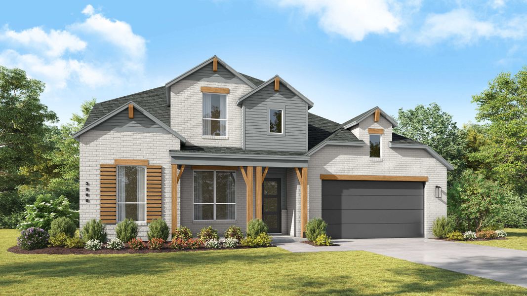 Representative exterior photo of a completed home built from the Telford Plan by Highland Homes in Lariat: 70ft. lots, Liberty Hill, TX (Image 2).