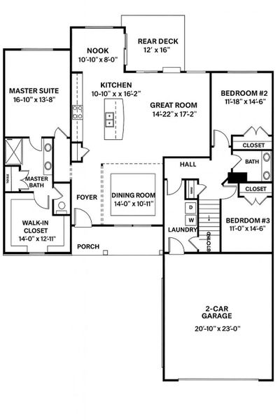 The Stephen ranch-style floor plan features an open kitchen, dining area, powder room, and family room. The main level has a gas fireplace and breakfast nook. The owner's suite includes a walk-in tile shower, and the secondary bedrooms are spacious.