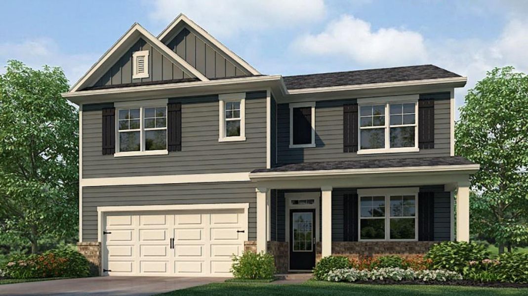 Front exterior of a new home in Braselton Village, Braselton, GA, highlighting curb appeal (Image 1). Front exterior of a new home in Braselton Village, Braselton, GA, highlighting curb appeal (Image 1).