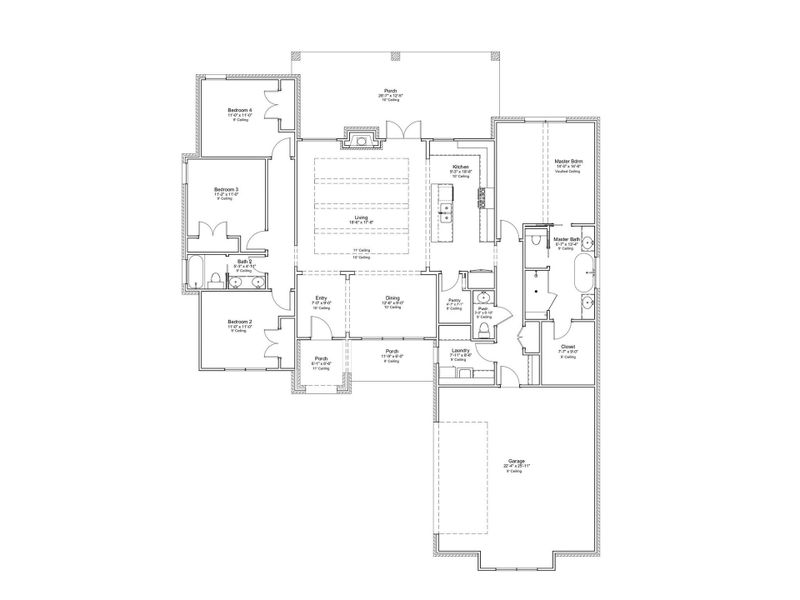 Single-story floor plan featuring 4 bedrooms, 2.5 baths, open living and kitchen areas, dedicated dining, covered porch, and attached 2-car garage.