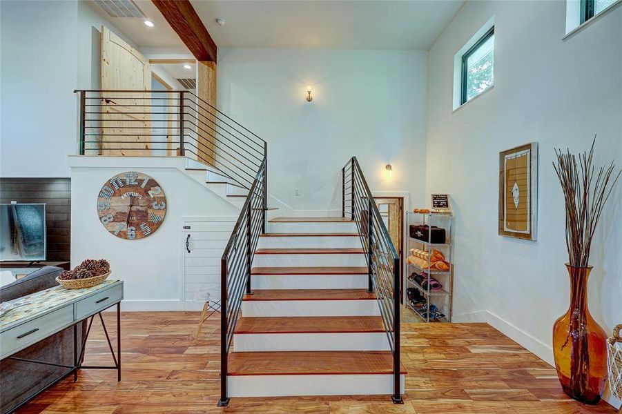 Grand staircase, with mahogany treads, leads to owner's retreat upstairs. Flex space/4th bed to the right of stairs94 San Saba St., AustinTX 78702 MLS# 7207900