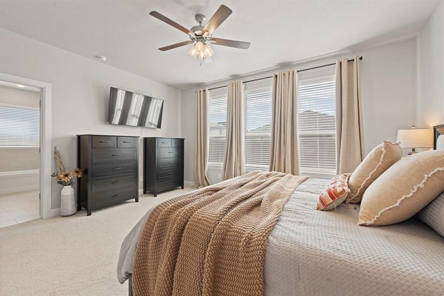 Bedroom featuring multiple windows, ceiling fan, and light carpet