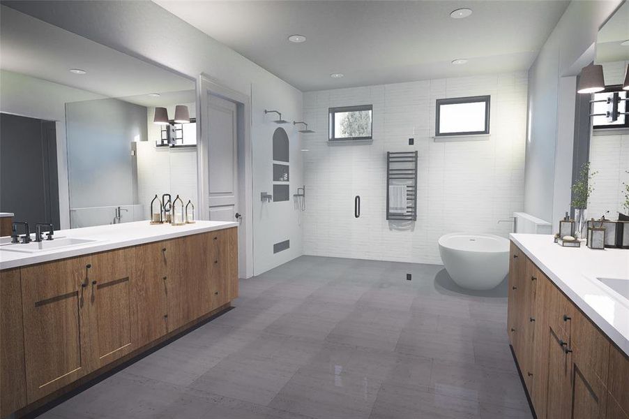 Bathroom with two vanities, a soaking tub, a shower stall, recessed lighting, and tile walls
