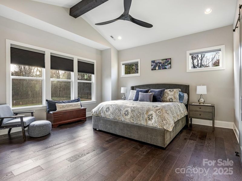 1st Flr, Primary Suite w/16' vaulted ceiling, recessed lighting, ceiling fan, barn door leads to spa like bath (16x14)