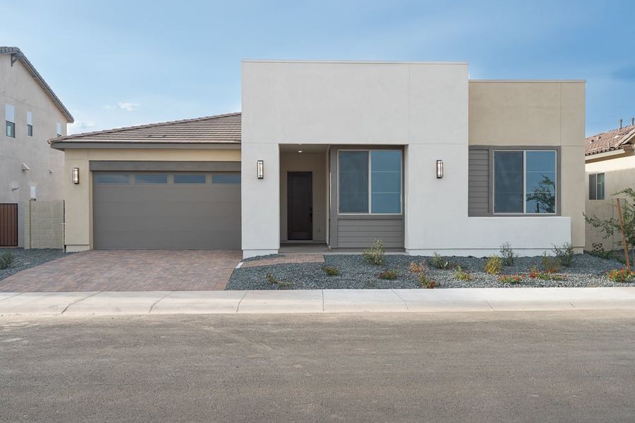 Front exterior of a new home in Revana at Soleo, San Tan Valley, AZ, highlighting curb appeal (Image 1).