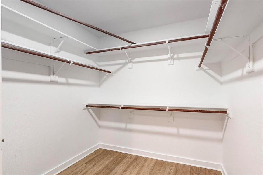 Walk in closet with wood-type flooring