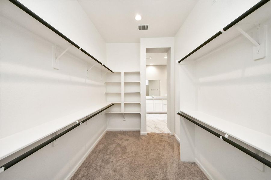 Oversized walk-in closet with built-in shelving and hanging space