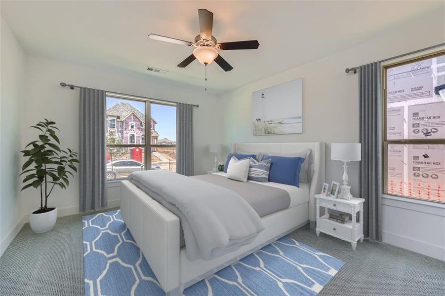 Virtually Staged Photo - Bedroom with carpet flooring and ceiling fan