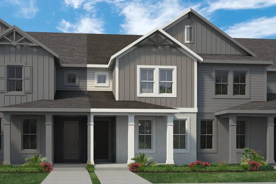 Representative exterior photo of a completed home built from the Newton by Rockwell Homes in Harvest at Ovation - Townhomes, Winter Garden, FL (Image 39). Representative exterior photo of a completed home built from the Newton by Rockwell Homes in Harvest at Ovation - Townhomes, Winter Garden, FL (Image 39).