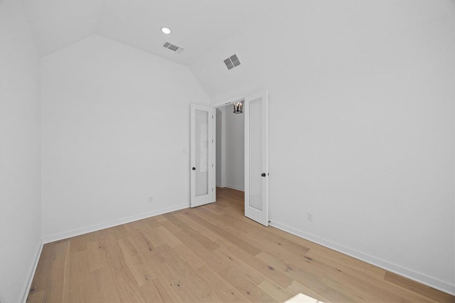 Unfurnished room featuring vaulted ceiling and light wood-type flooring