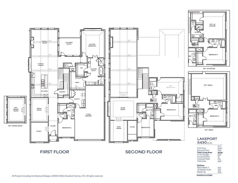 2D floor plan layout for the Lakeport - SH 5430 by Shaddock Homes in High Plains at Furst Ranch, Bartonville, TX (Image 3).