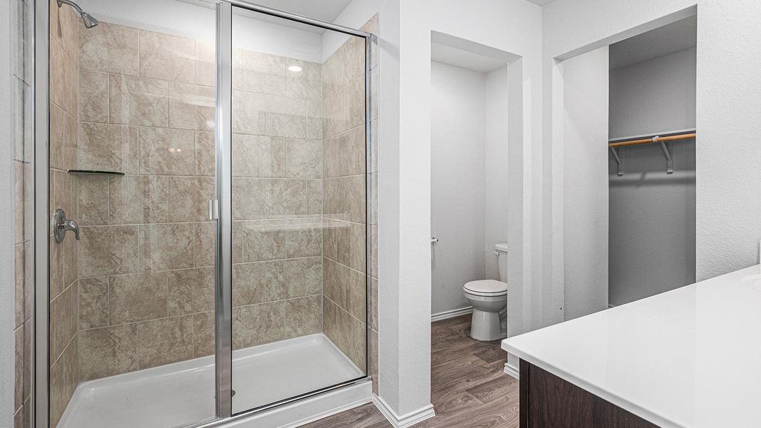 Full bathroom featuring a stall shower, vanity, a walk in closet, and wood finished floors Full bathroom featuring a stall shower, vanity, a walk in closet, and wood finished floors