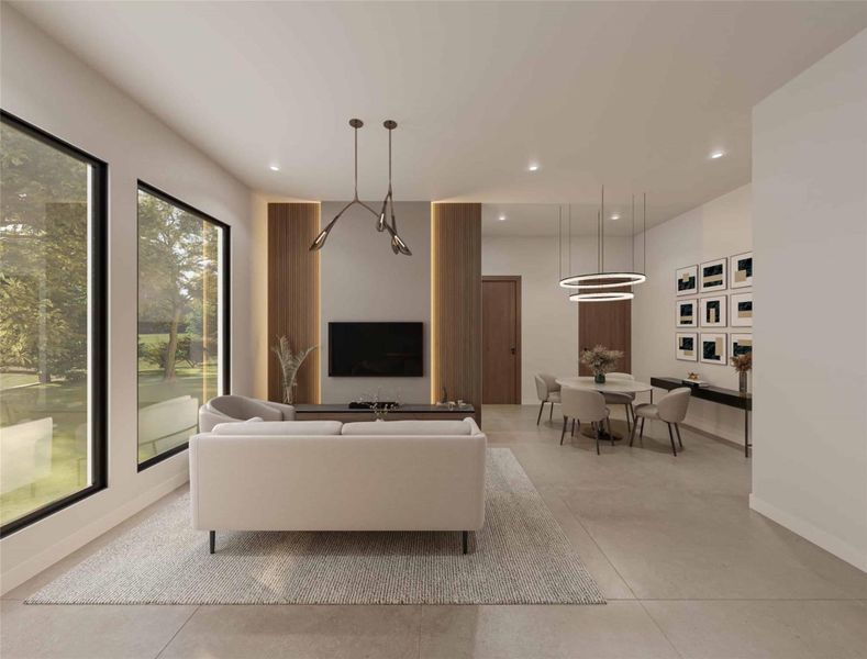 Living area with recessed lighting and light tile patterned flooring Living area with recessed lighting and light tile patterned flooring