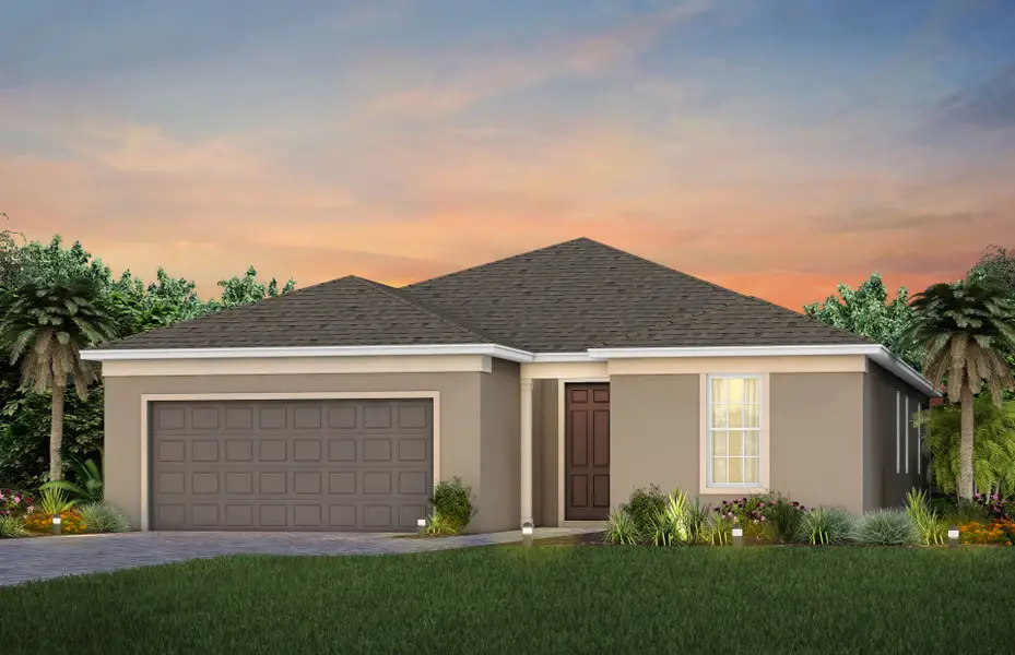 Front exterior of a new home in Del Webb Sunbridge, St. Cloud, FL, highlighting curb appeal (Image 1). Front exterior of a new home in Del Webb Sunbridge, St. Cloud, FL, highlighting curb appeal (Image 1).