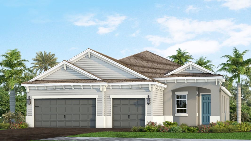 Front exterior of a new home in Boca Royale Golf and Country Club at Wellen Park, Englewood, FL, highlighting curb appeal (Image 1). Front exterior of a new home in Boca Royale Golf and Country Club at Wellen Park, Englewood, FL, highlighting curb appeal (Image 1).