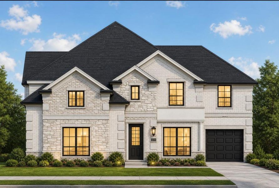 Representative exterior photo of a completed home built from the Grand South Pointe by Grand Homes in Monterra, Fate, TX (Image 22). Representative exterior photo of a completed home built from the Grand South Pointe by Grand Homes in Monterra, Fate, TX (Image 22).