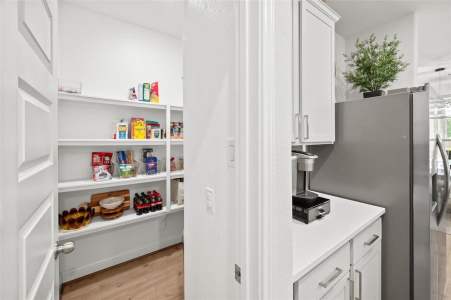 Oversized walk-in pantry with abundant shelving and extra storage.