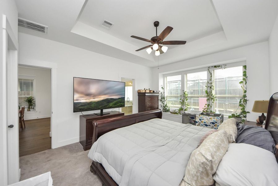 Another view of the bright primary suite featuring a tray ceiling, ceiling fan, and plenty of room to relax.