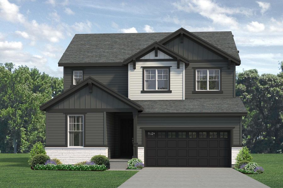 Representative exterior photo of a completed home built from the Jackson by Risewell Homes in Highlands Preserve, Mead, CO (Image 12). Representative exterior photo of a completed home built from the Jackson by Risewell Homes in Highlands Preserve, Mead, CO (Image 12).