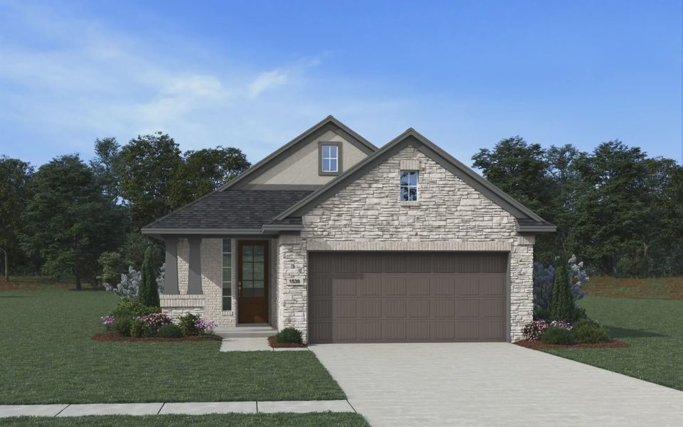 Representative exterior photo of a completed home built from the Conroe by Chesmar Homes in Stillwater Ranch, Buda, TX (Image 9).