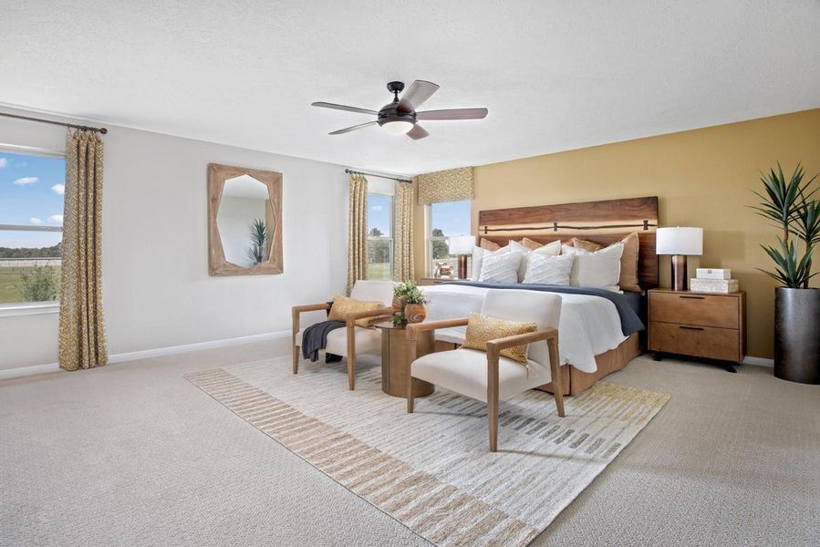 What a wonderful place to come home to, this stunning primary suite greets you with gorgeous plush carpet, warm custom paint, high ceiling, ceiling fan with lighting, large windows allowing in natural light brightening up this spacious primary bedroom!