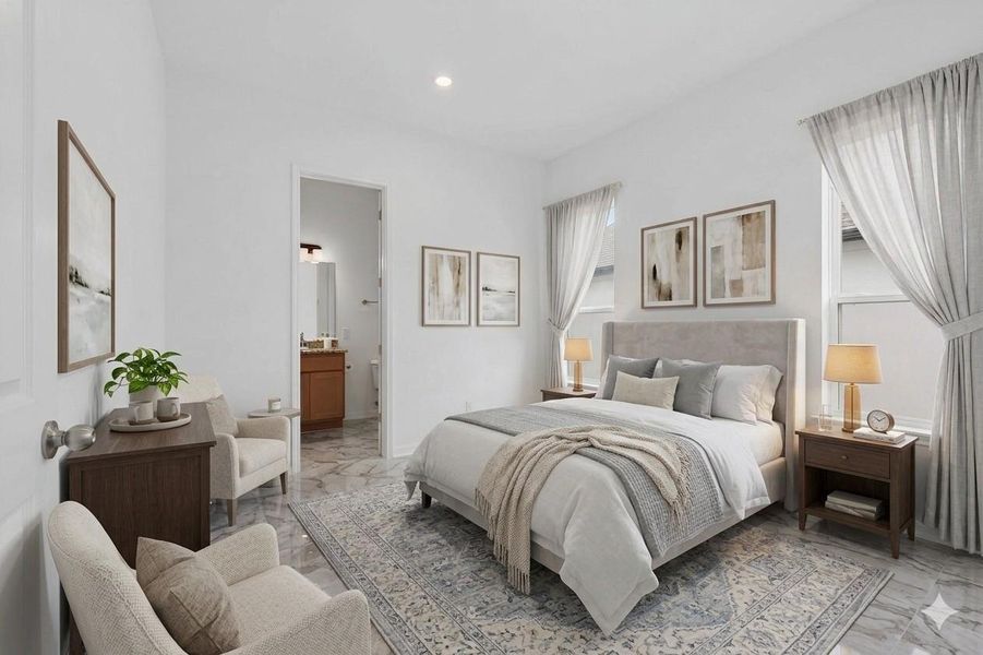 Virtually Staged- Spacious bedroom featuring light-toned walls, recessed lighting, two windows with light-filtering drapes, and stone-finish flooring with an area rug