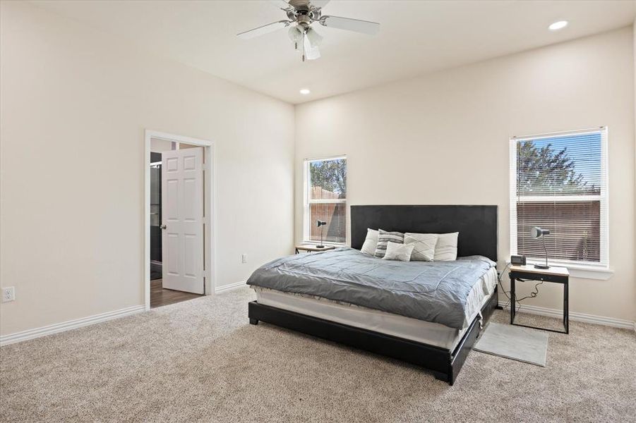 Bedroom featuring multiple windows, ceiling fan, and carpet flooring