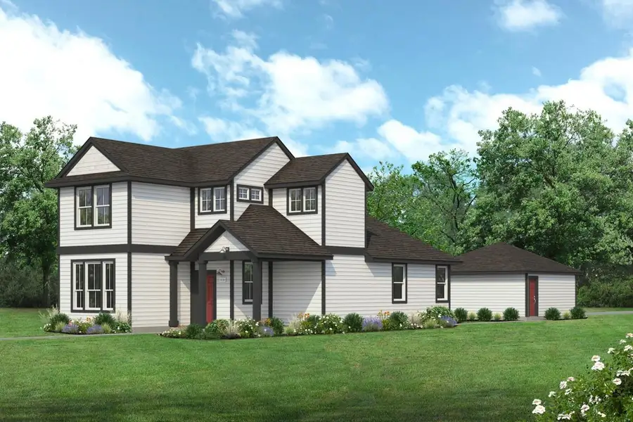 Rendering of two story white home with black accents and red door and detached garage with sky and landscaping